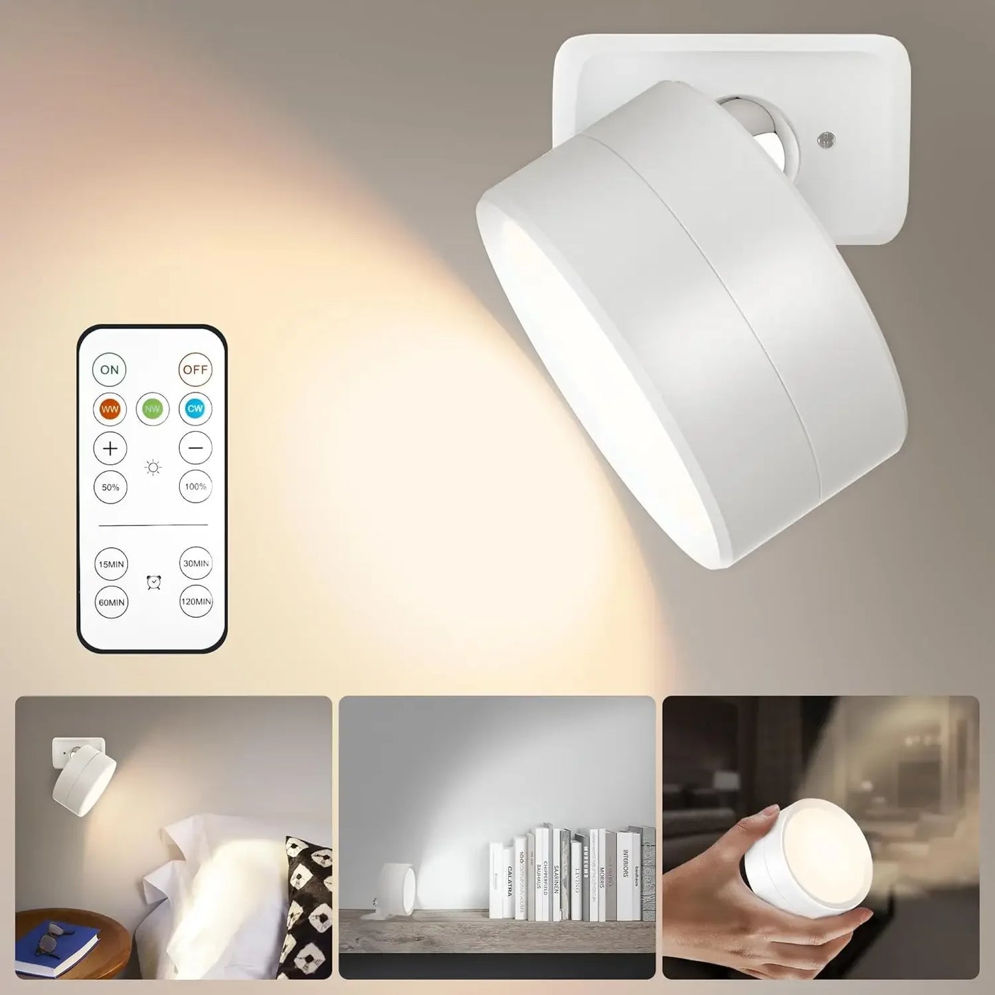 LED Wall Mounted Lights with Remote Wireless Magnetic Wall Sconces 3 Color