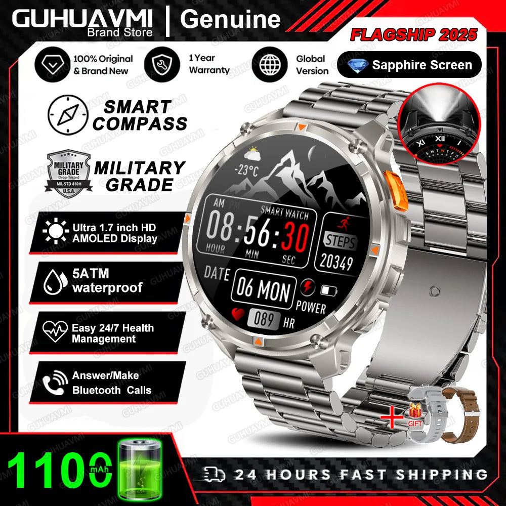 Waterproof GPS Compass Flashlight 1.7" AMOLED HD Call Sports Smart Watch