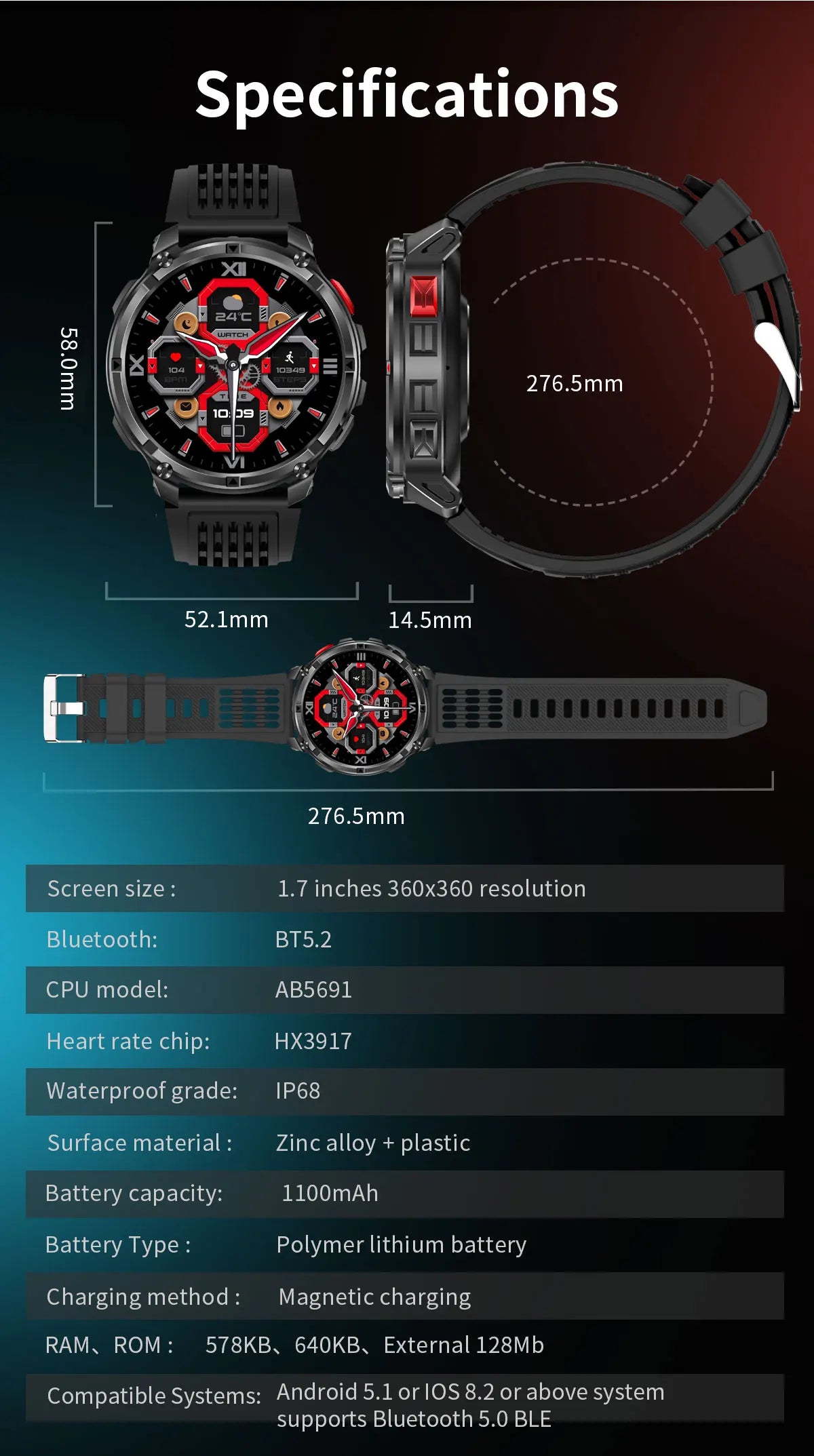 Waterproof GPS Compass Flashlight 1.7" AMOLED HD Call Sports Smart Watch