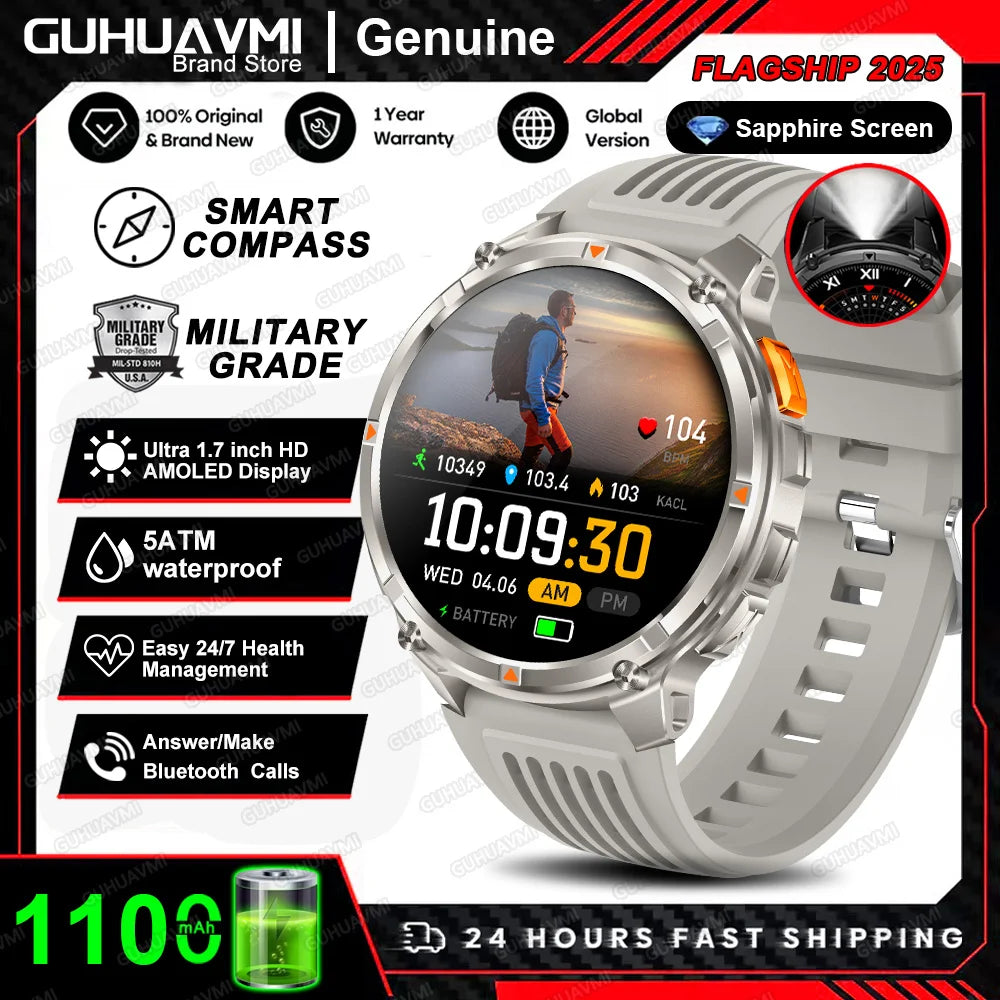 Waterproof GPS Compass Flashlight 1.7" AMOLED HD Call Sports Smart Watch