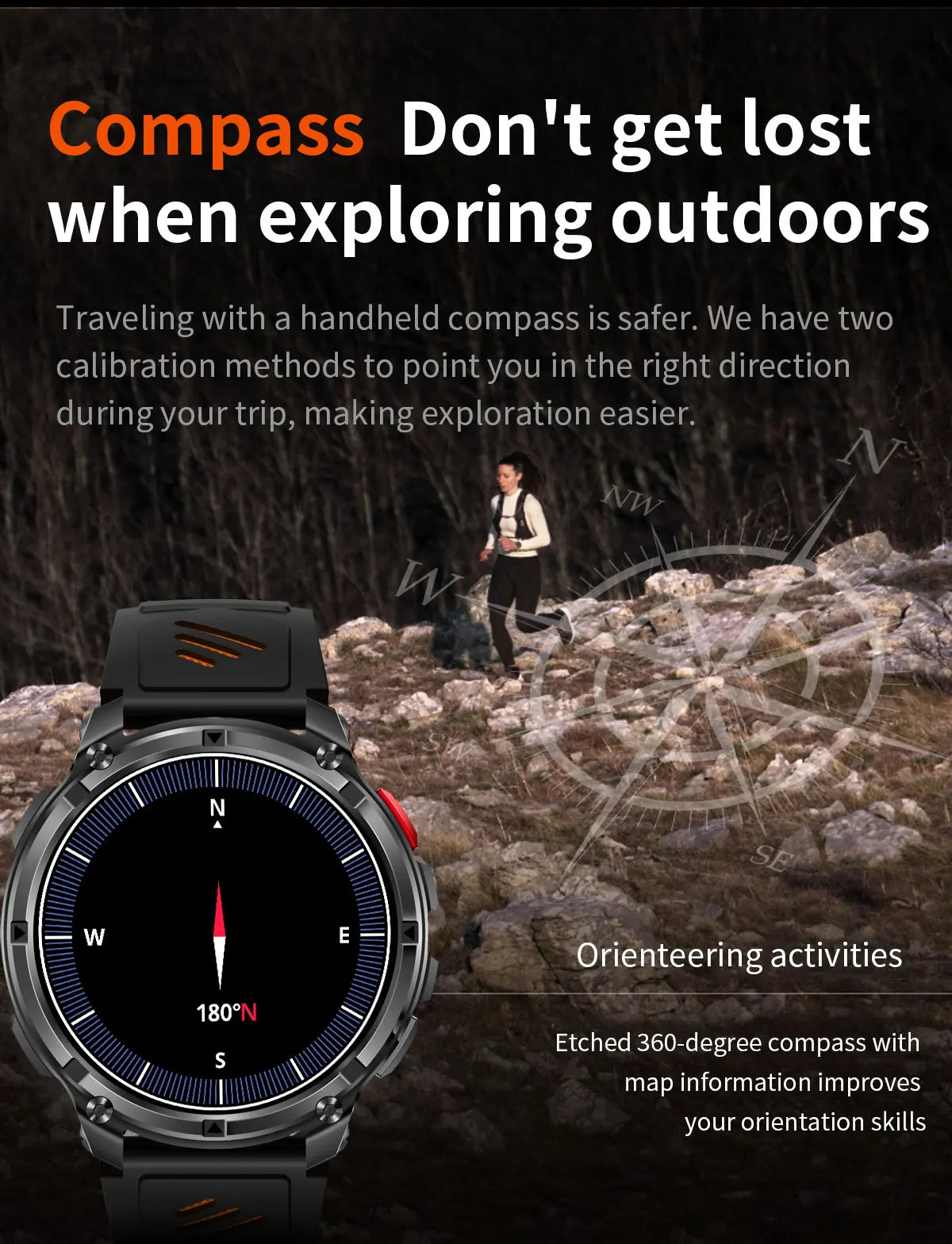 Waterproof GPS Compass Flashlight 1.7" AMOLED HD Call Sports Smart Watch