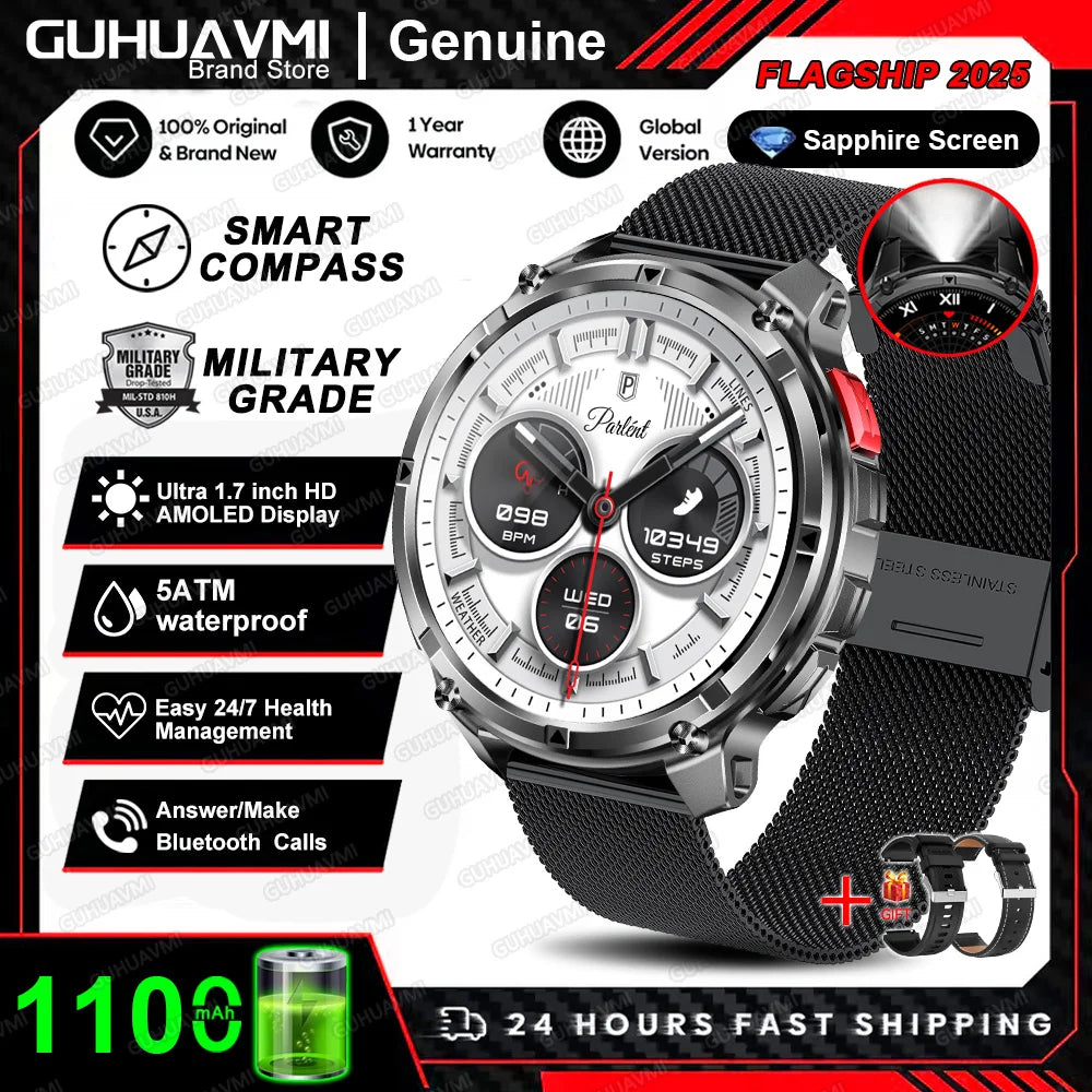 Waterproof GPS Compass Flashlight 1.7" AMOLED HD Call Sports Smart Watch