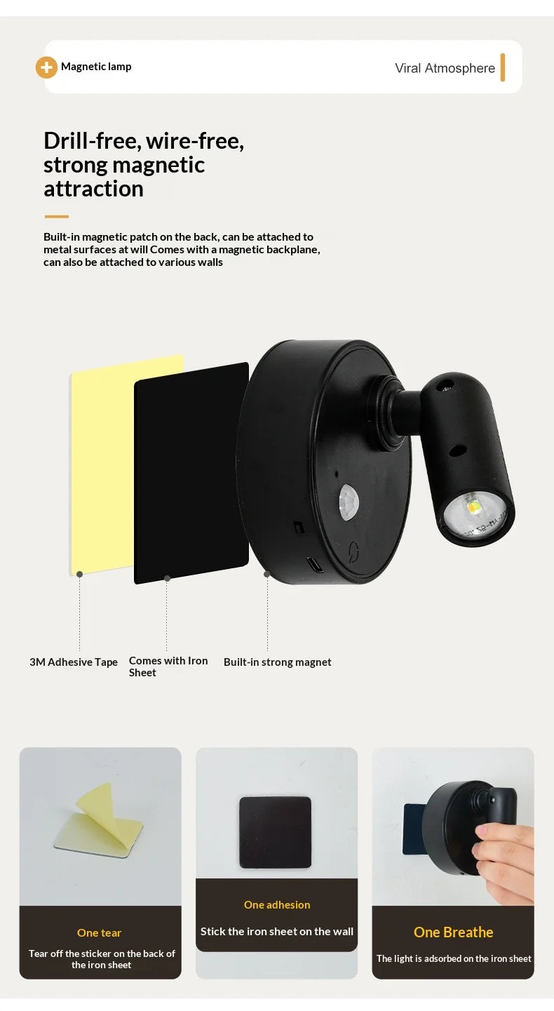 Magnetic Base USB Rechargeable LED Cordless Wall Light