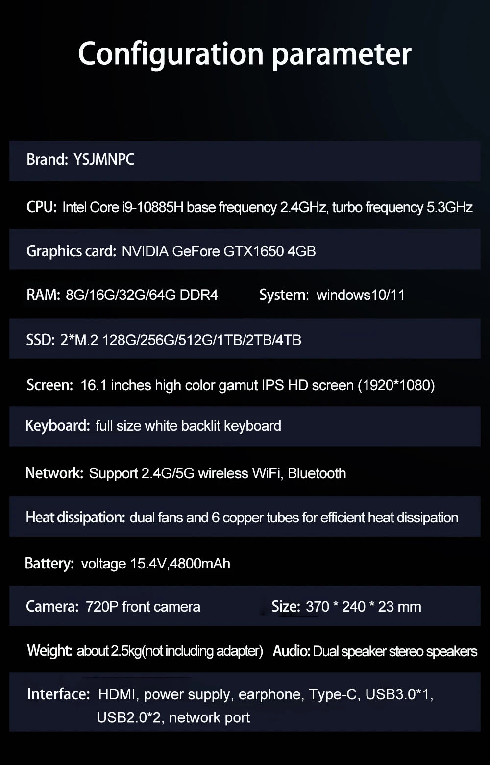 16.1 Inch Gaming Laptop GTX1650 4G Intel Core i9-9880H i7-9750H