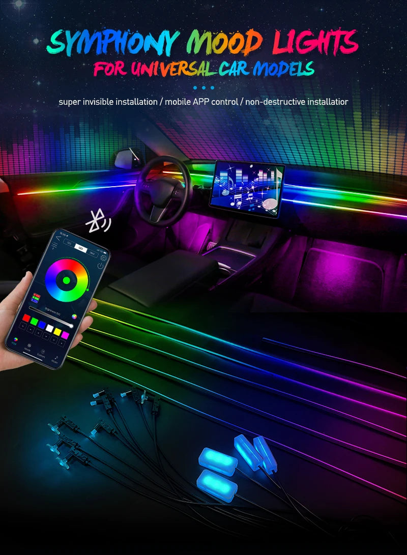 Full Color Streamer Car Ambient Lights RGB 64 Color Universal LED