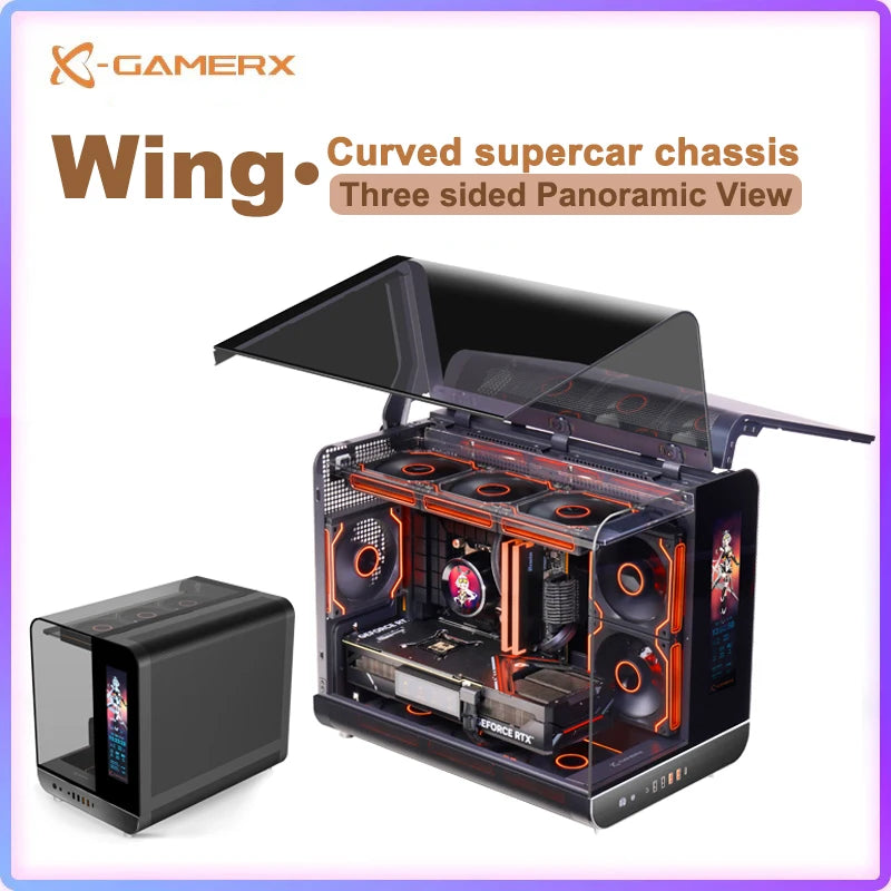 X-GAMERX Phantom Wings LCD Edition Black Seaview Room Case 360 Water-cooling Host