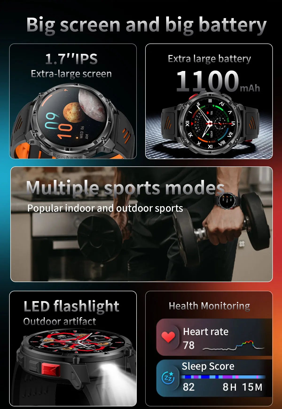 Waterproof GPS Compass Flashlight 1.7" AMOLED HD Call Sports Smart Watch