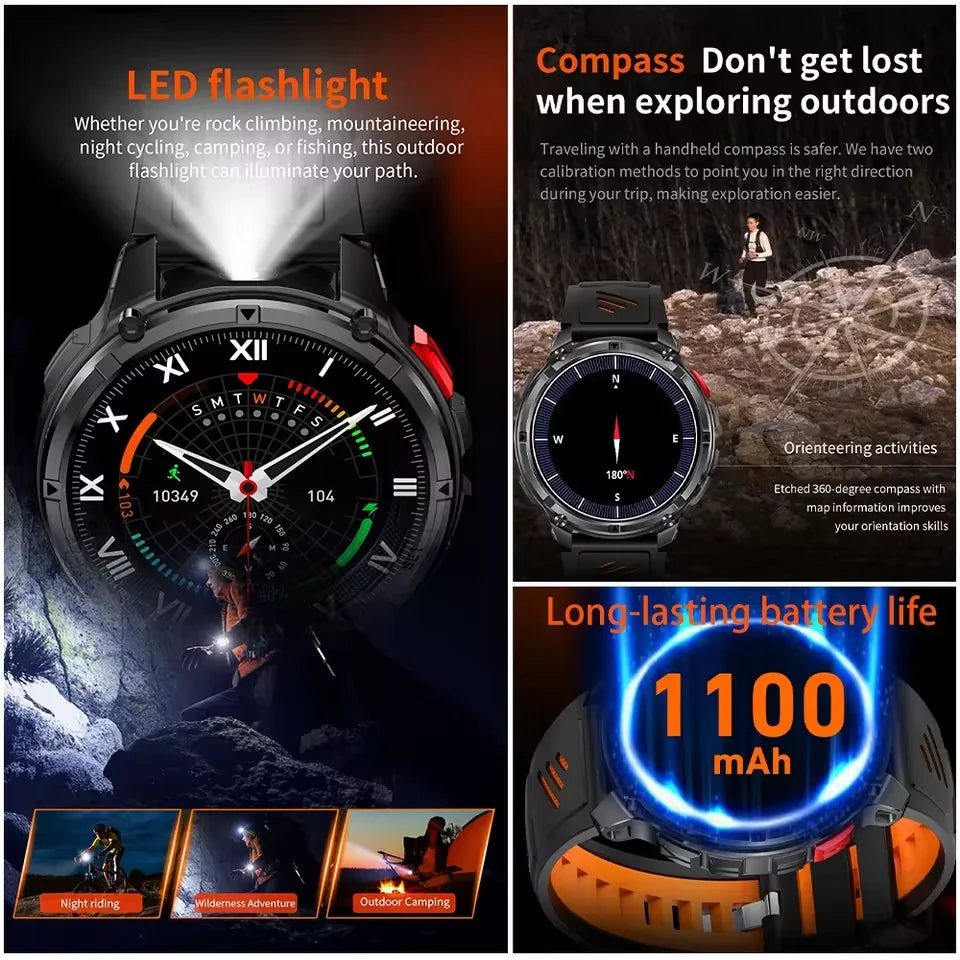 Waterproof GPS Compass Flashlight 1.7" AMOLED HD Call Sports Smart Watch