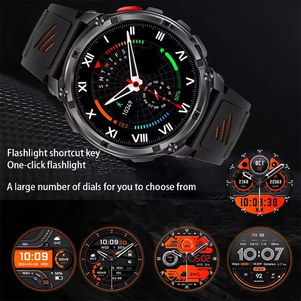 Waterproof GPS Compass Flashlight 1.7" AMOLED HD Call Sports Smart Watch