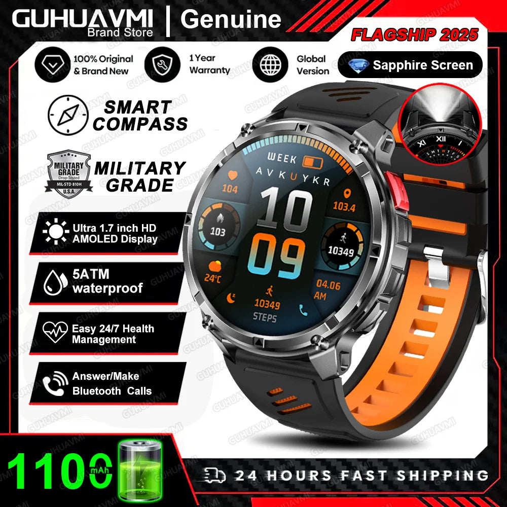Waterproof GPS Compass Flashlight 1.7" AMOLED HD Call Sports Smart Watch