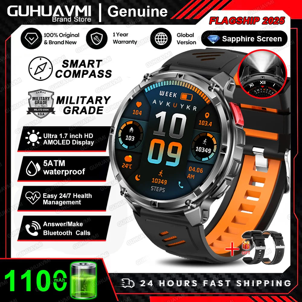 Waterproof GPS Compass Flashlight 1.7" AMOLED HD Call Sports Smart Watch