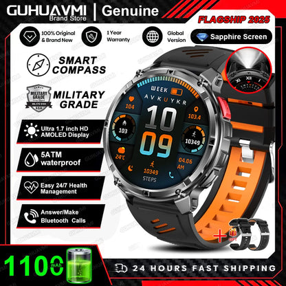 Waterproof GPS Compass Flashlight 1.7" AMOLED HD Call Sports Smart Watch