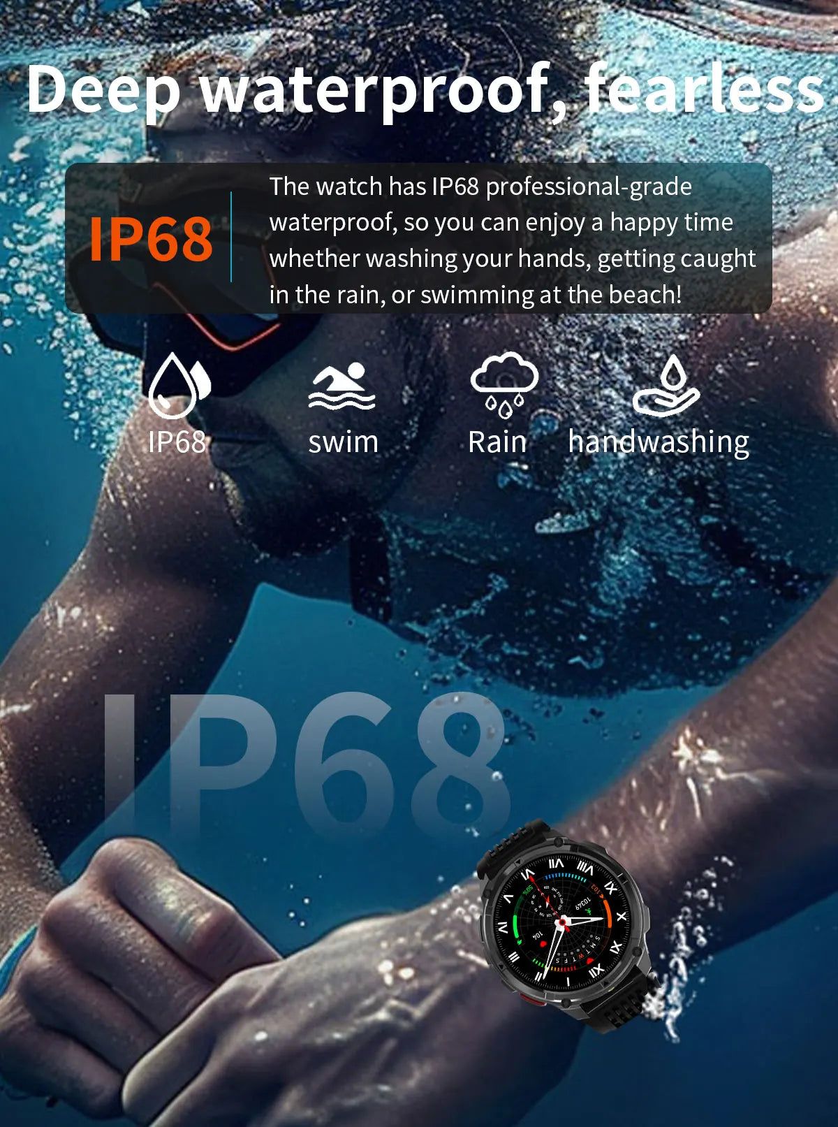 Waterproof GPS Compass Flashlight 1.7" AMOLED HD Call Sports Smart Watch