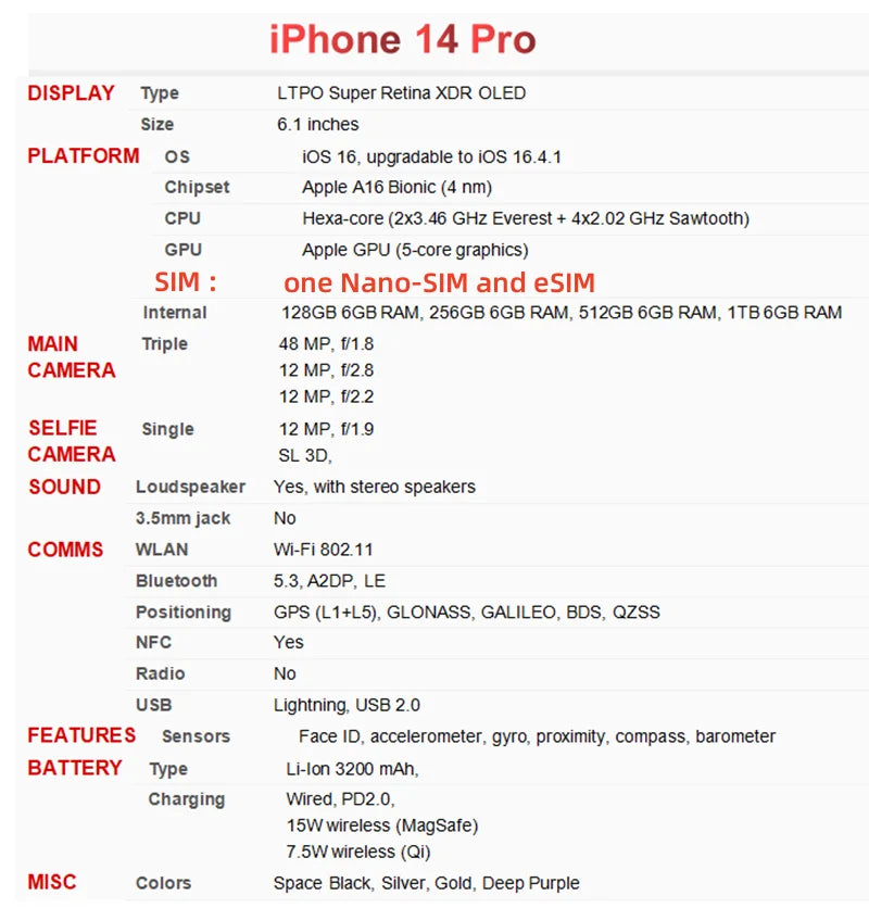 iPhone 14 Pro Original 6.1" OLED Face ID NFC A15 5G Apple Phone