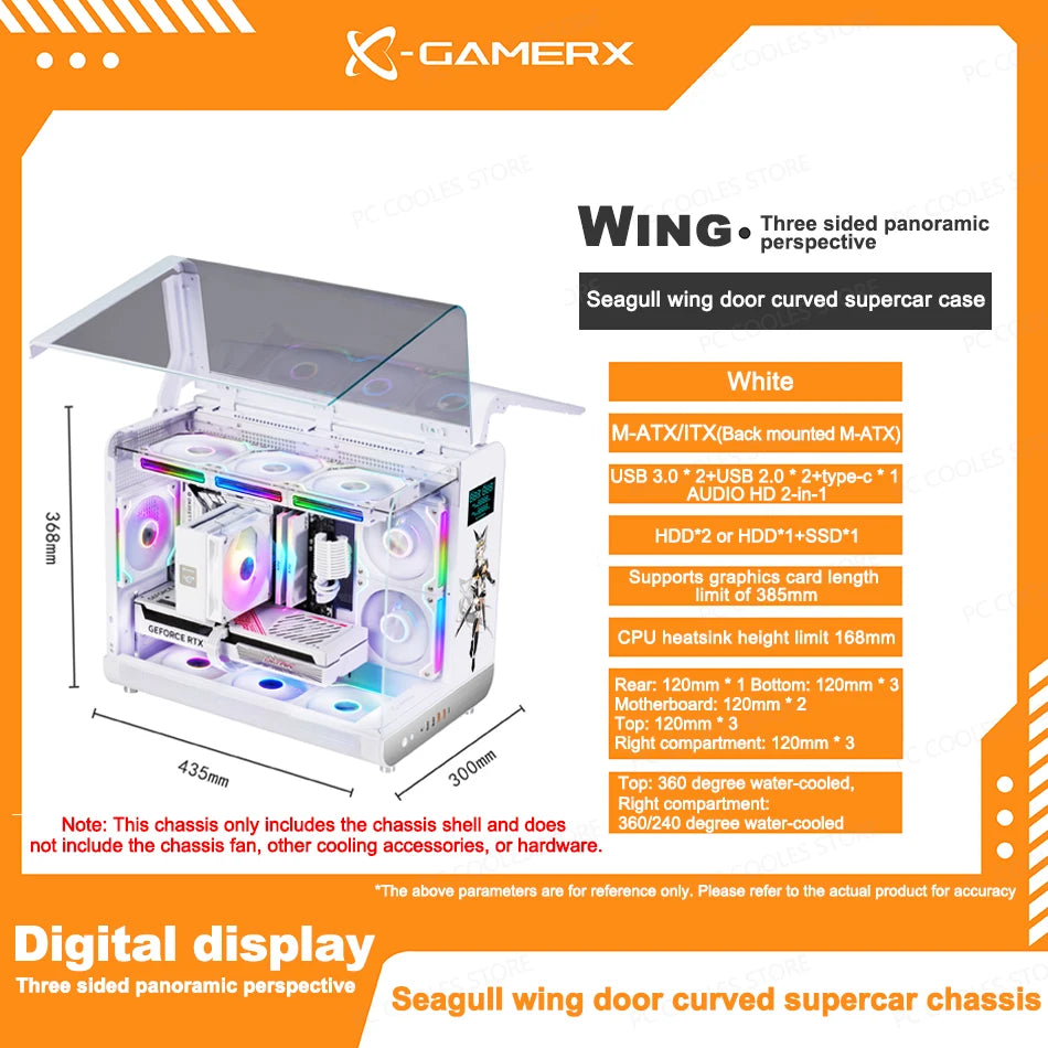 X-GAMERX Phantom Wings LCD Edition Black Seaview Room Case 360 Water-cooling Host