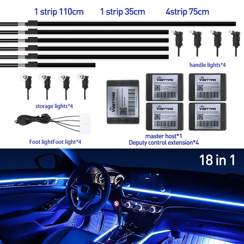 Full Color Streamer Car Ambient Lights RGB 64 Color Universal LED