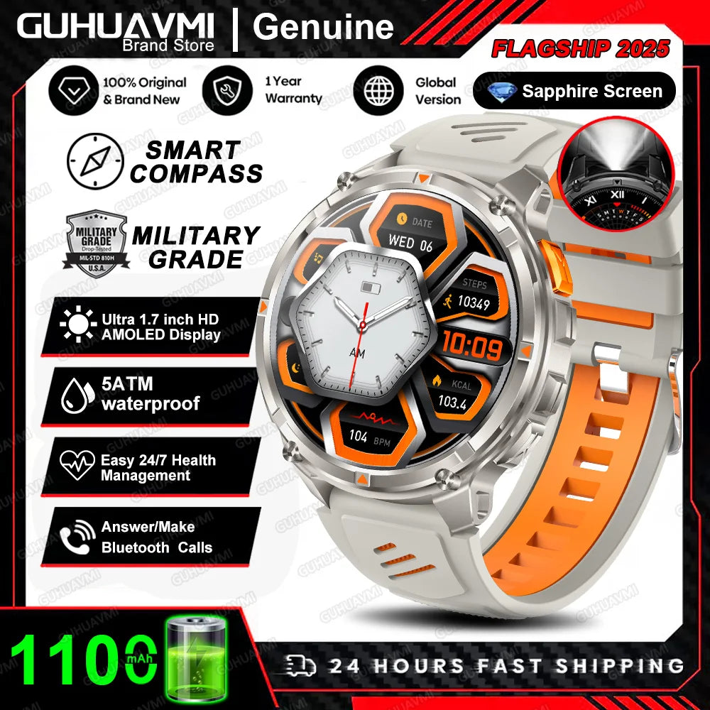 Waterproof GPS Compass Flashlight 1.7" AMOLED HD Call Sports Smart Watch