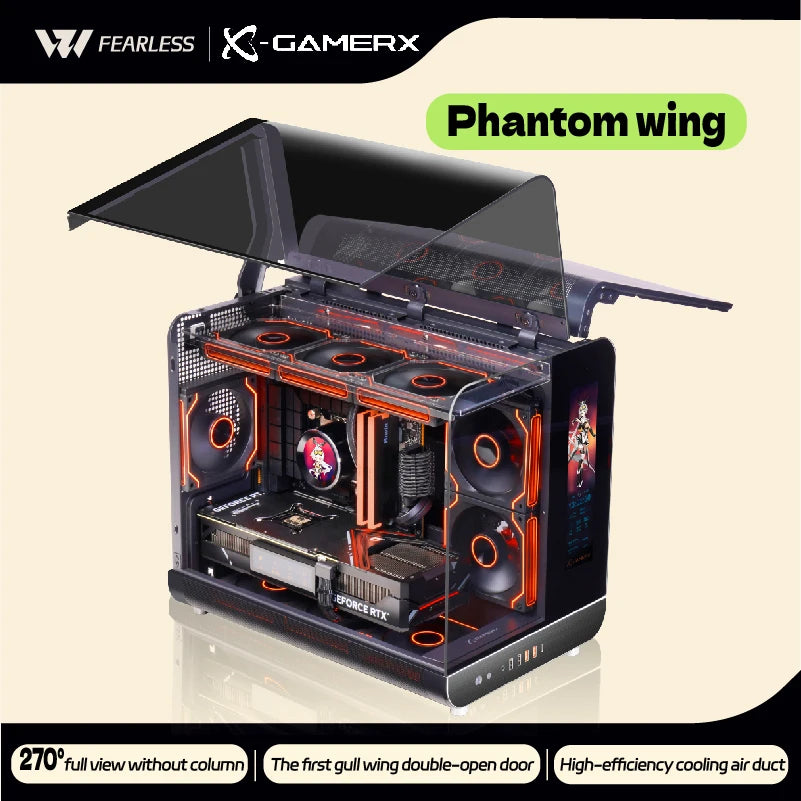 X-GAMERX Phantom Wings LCD Edition Black Seaview Room Case 360 Water-cooling Host