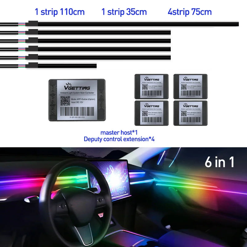 Full Color Streamer Car Ambient Lights RGB 64 Color Universal LED