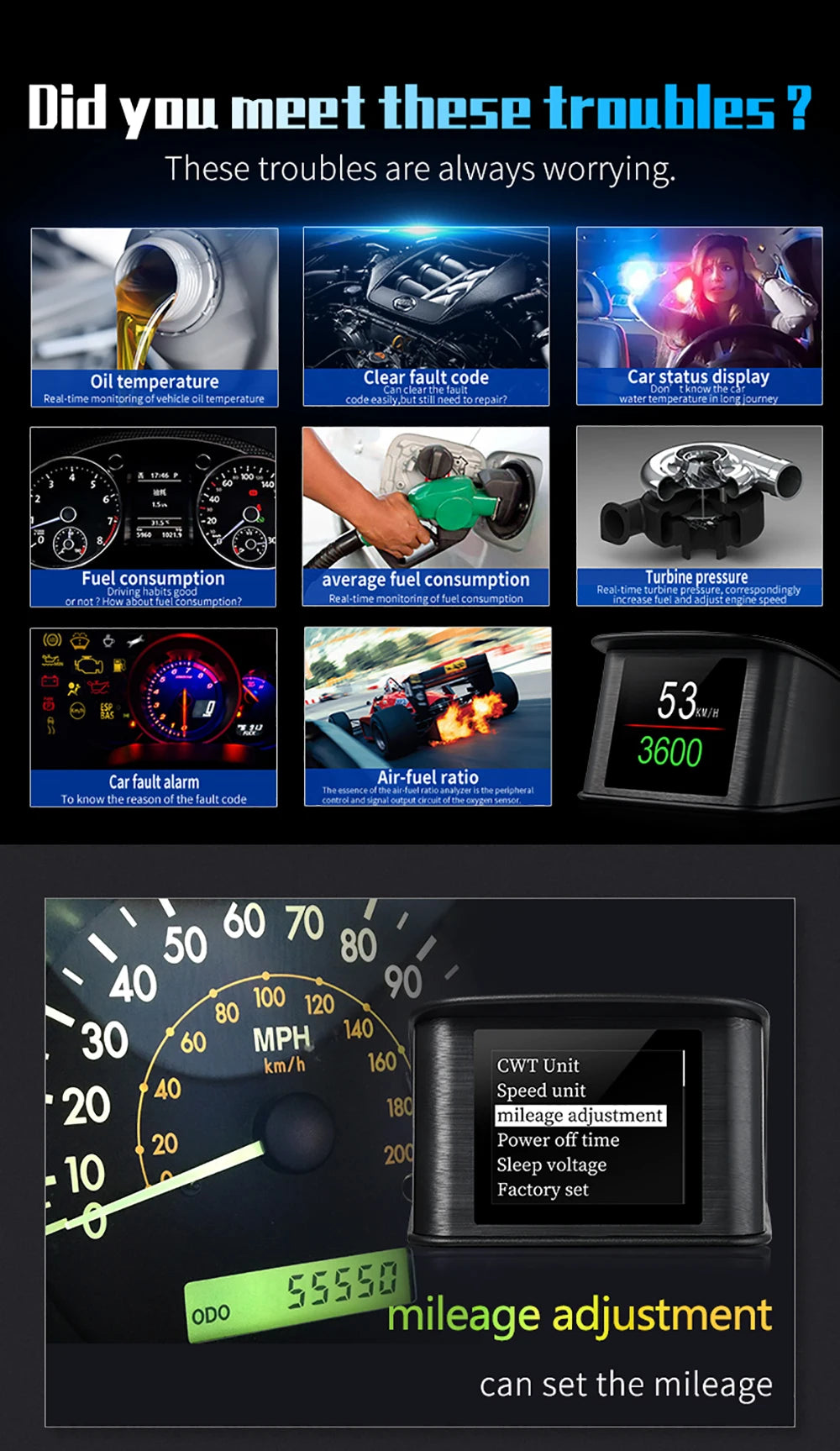 Smart Digital Meter P10 PRO OBD2 Head Up Display On Board Computer Digital Meter
