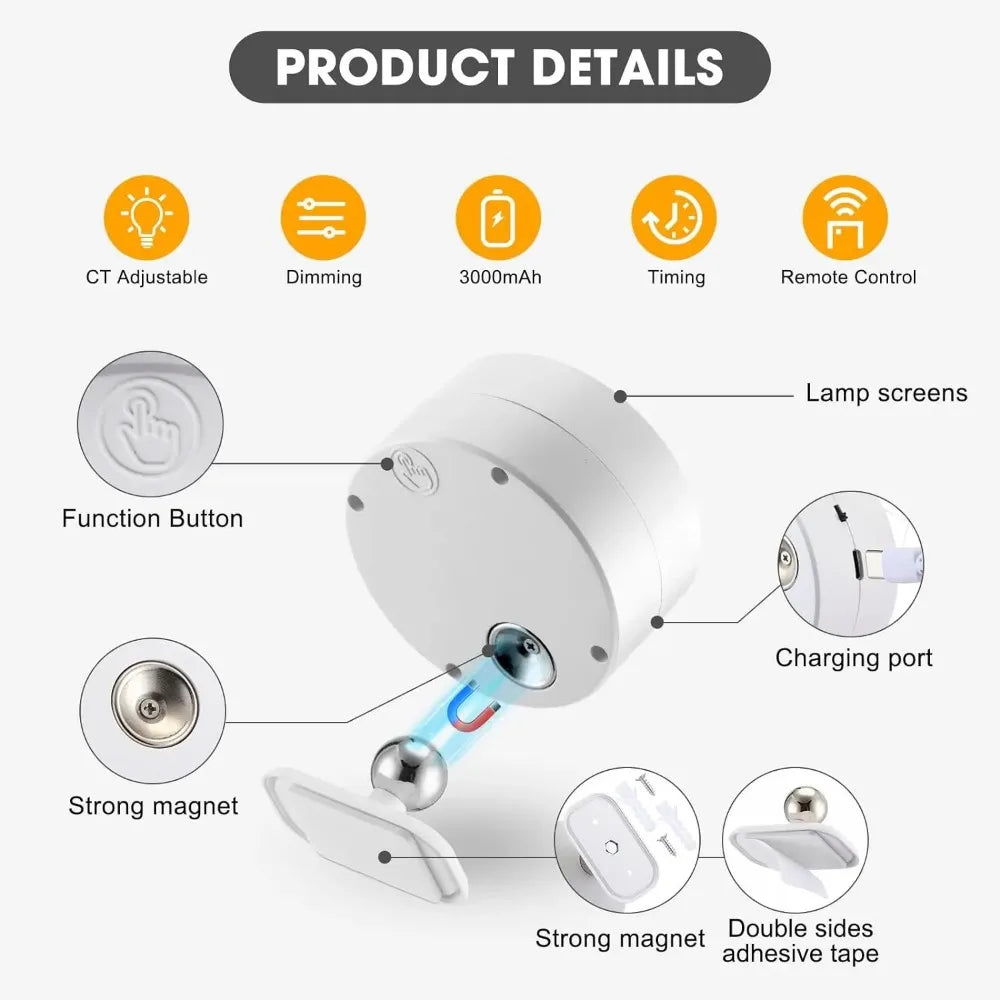 LED Wall Mounted Lights with Remote Wireless Magnetic Wall Sconces 3 Color