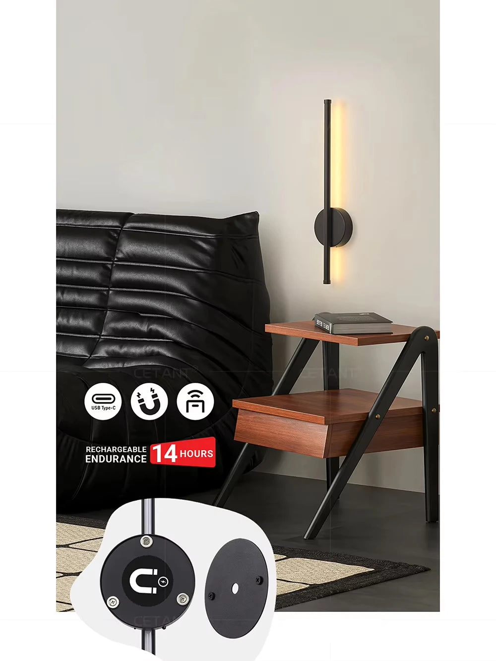 Magnetic Rechargeable 50 Wall Lamp Black Gold LED Lighting Wiring Free