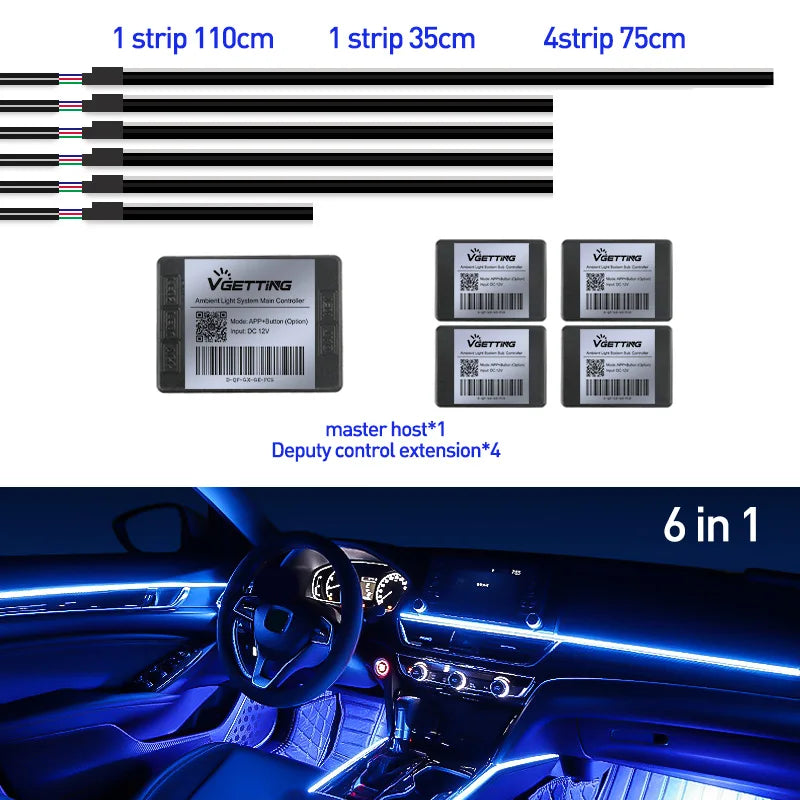 Full Color Streamer Car Ambient Lights RGB 64 Color Universal LED