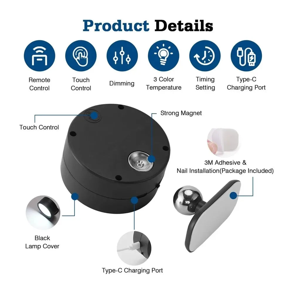 LED Wall Mounted Lights with Remote Wireless Magnetic Wall Sconces 3 Color