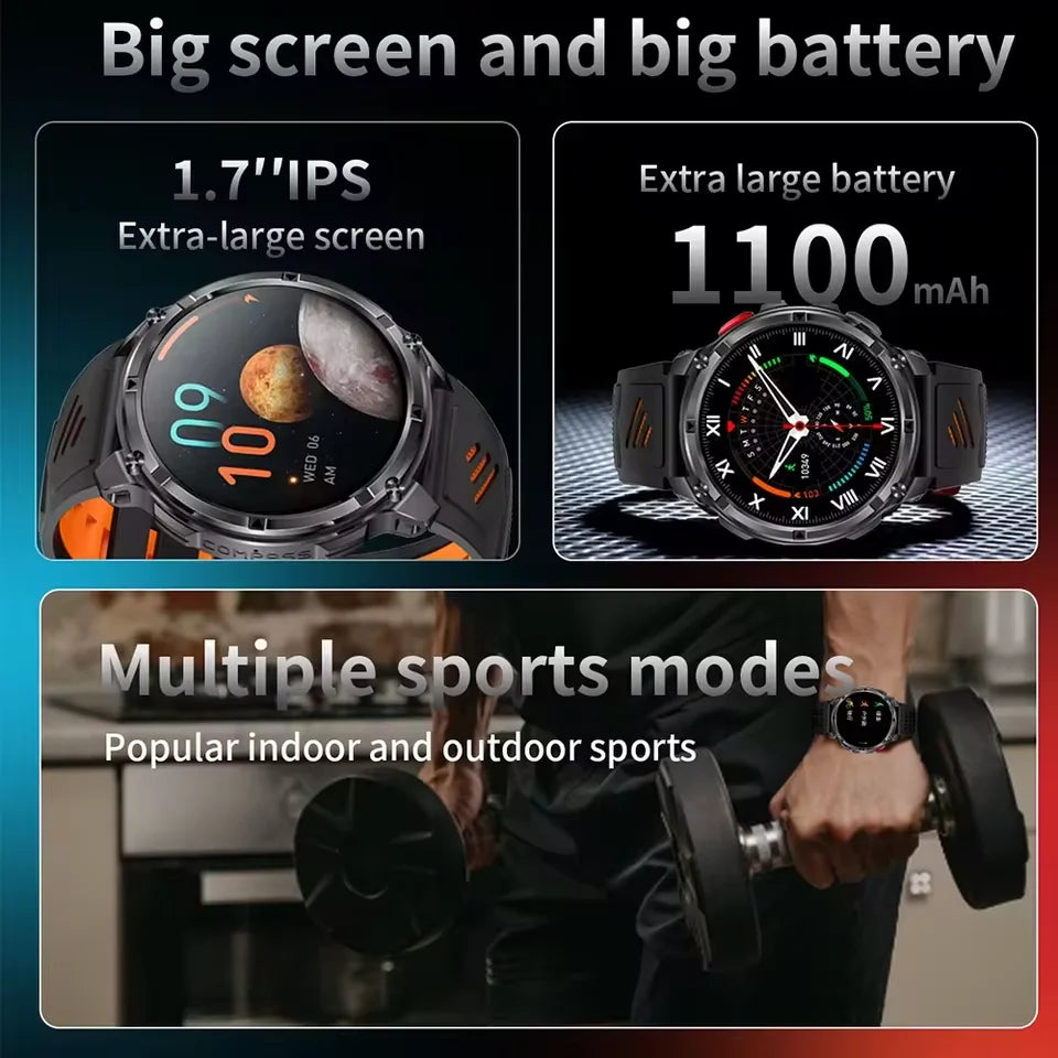 Waterproof GPS Compass Flashlight 1.7" AMOLED HD Call Sports Smart Watch