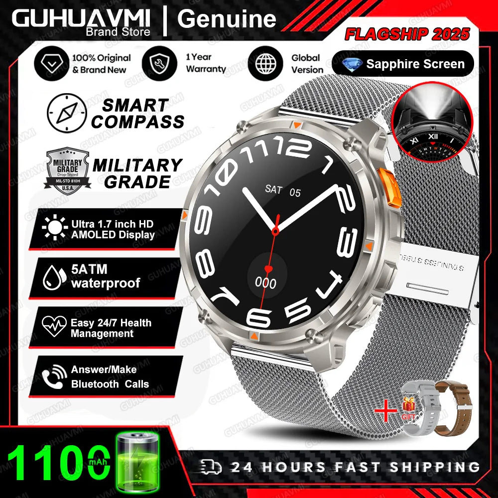 Waterproof GPS Compass Flashlight 1.7" AMOLED HD Call Sports Smart Watch