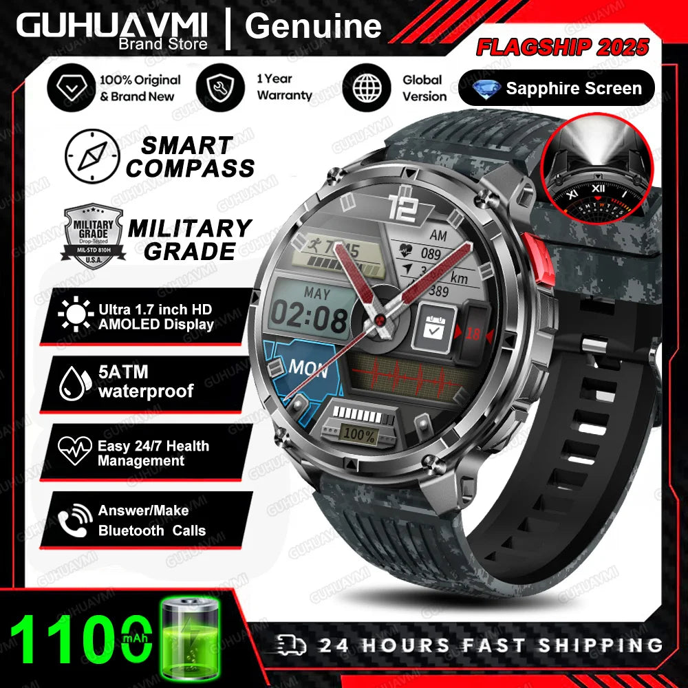 Waterproof GPS Compass Flashlight 1.7" AMOLED HD Call Sports Smart Watch