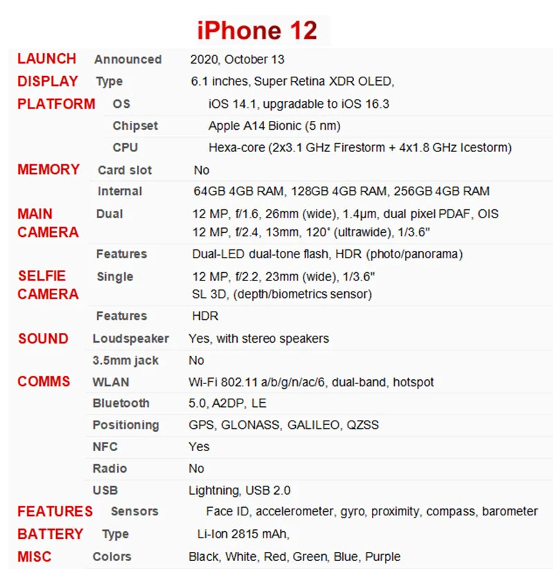iPhone 12 5G Genuine Super OLED A14 Bionic Face ID NFC 98% iPhone
