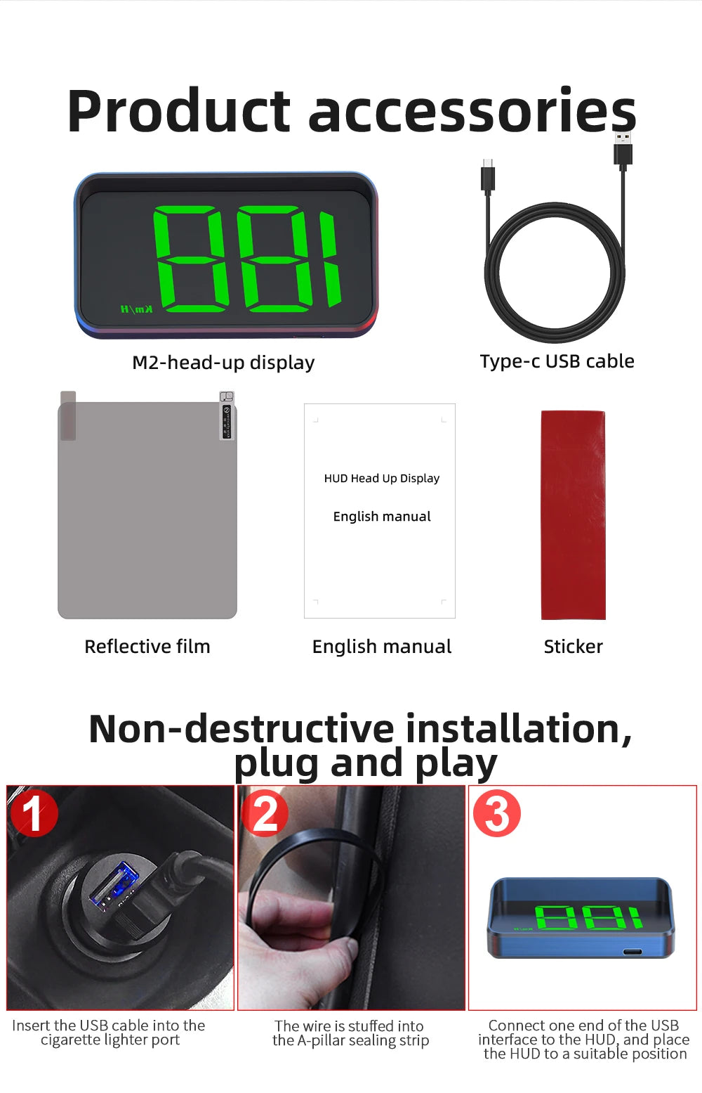 HD Car Head up Display M2 GPS Speedometer Windshield Auto Electronics Projector