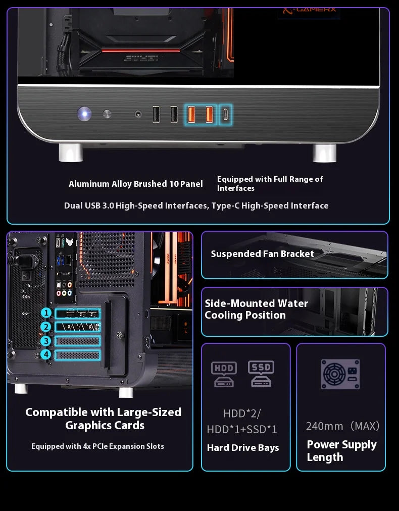 X-GAMERX Phantom Wings LCD Edition Black Seaview Room Case 360 Water-cooling Host