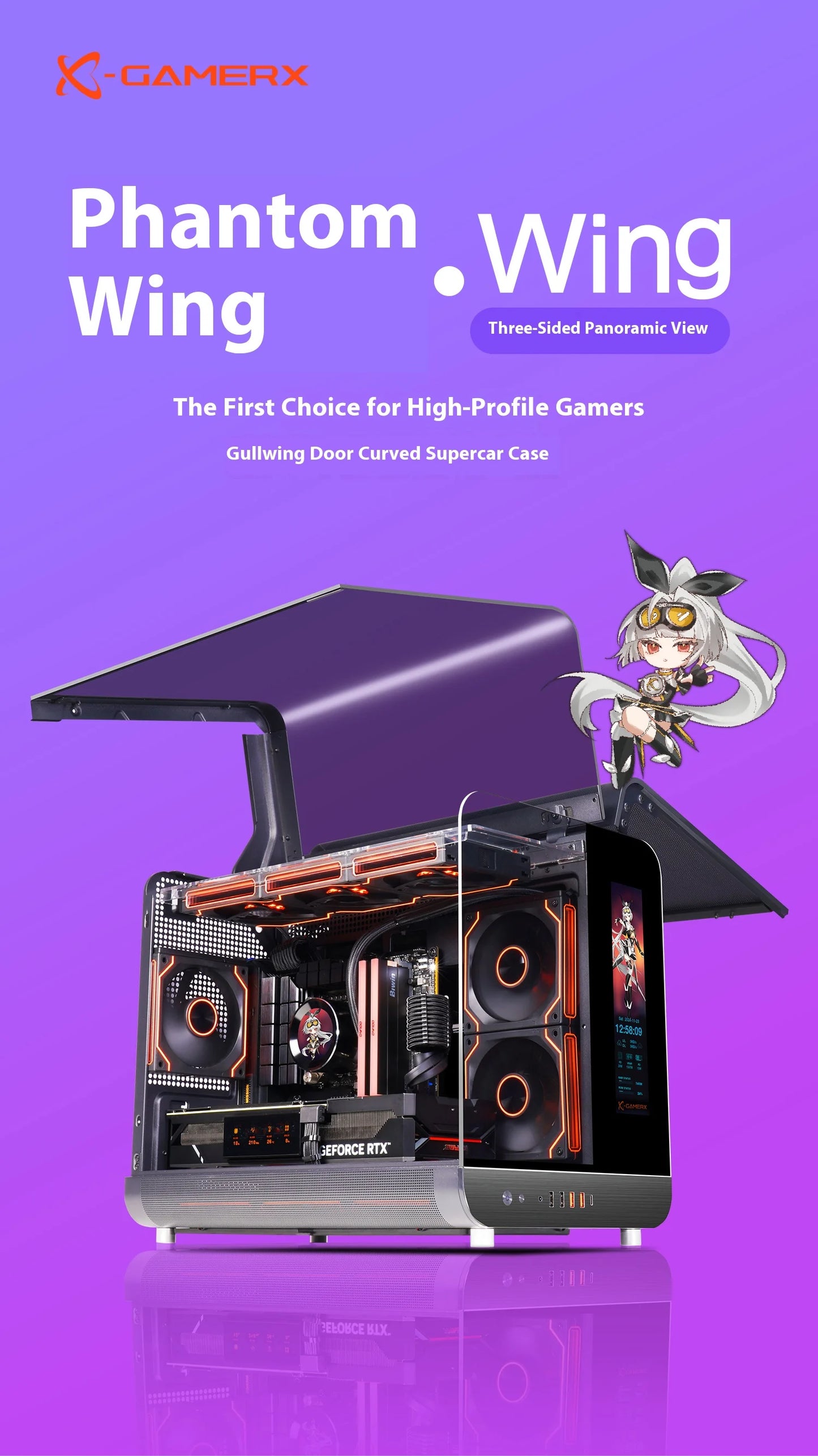 X-GAMERX Phantom Wings LCD Edition Black Seaview Room Case 360 Water-cooling Host