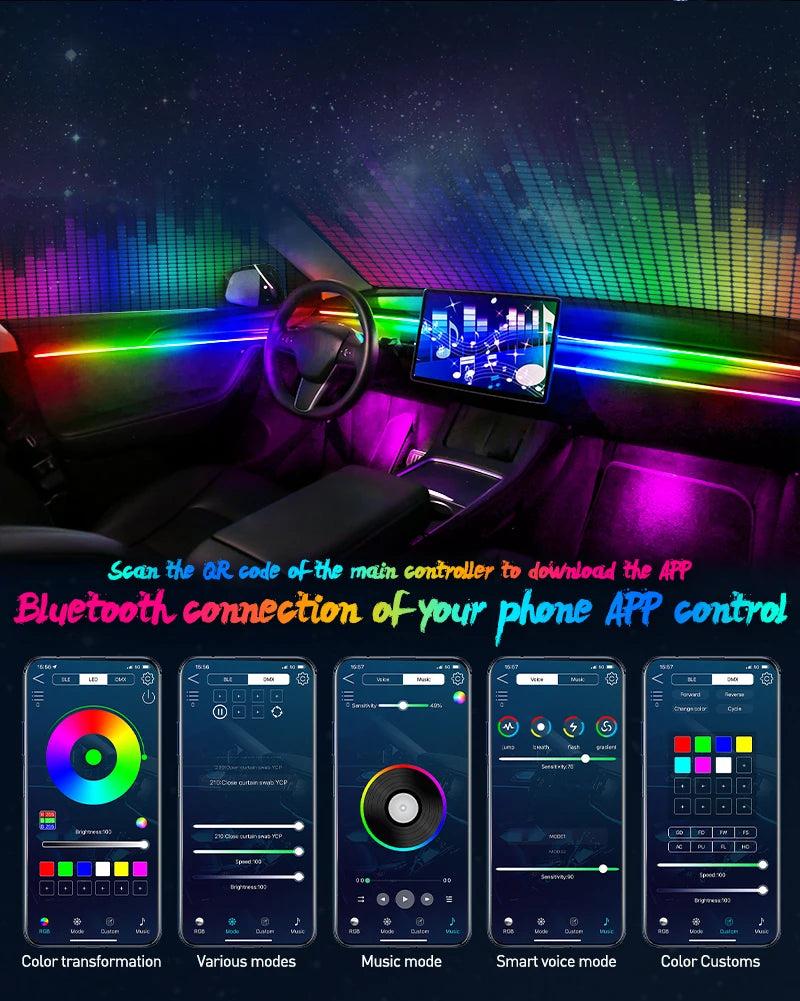 Full Color Streamer Car Ambient Lights RGB 64 Color Universal LED