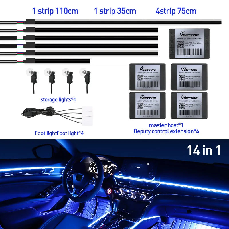Full Color Streamer Car Ambient Lights RGB 64 Color Universal LED