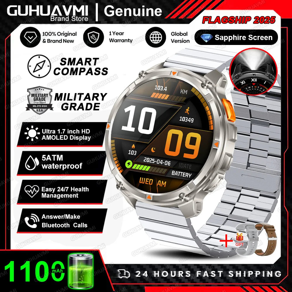 Waterproof GPS Compass Flashlight 1.7" AMOLED HD Call Sports Smart Watch