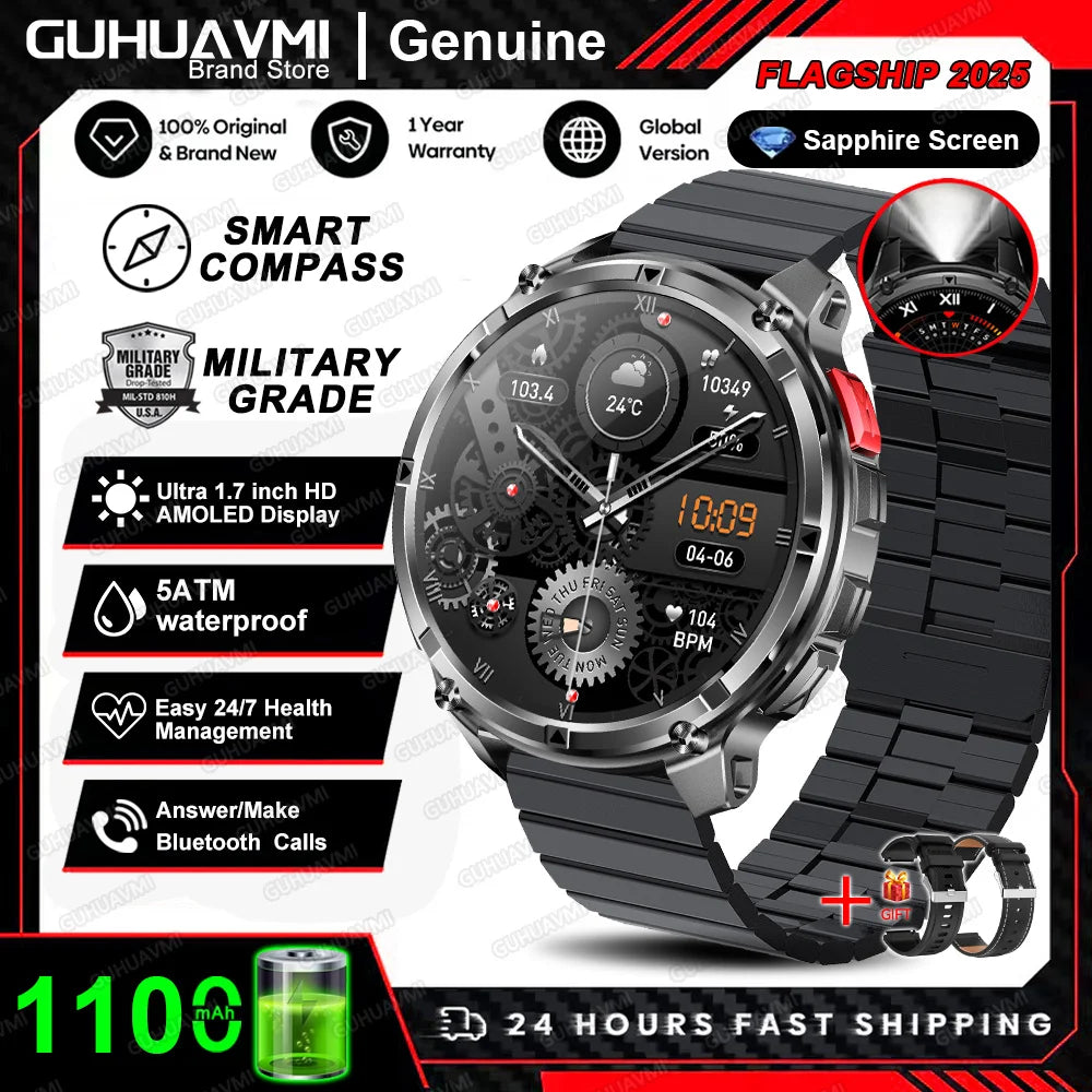 Waterproof GPS Compass Flashlight 1.7" AMOLED HD Call Sports Smart Watch