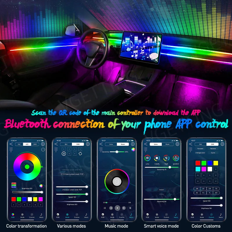 Full Color Streamer Car Ambient Lights RGB 64 Color Universal LED
