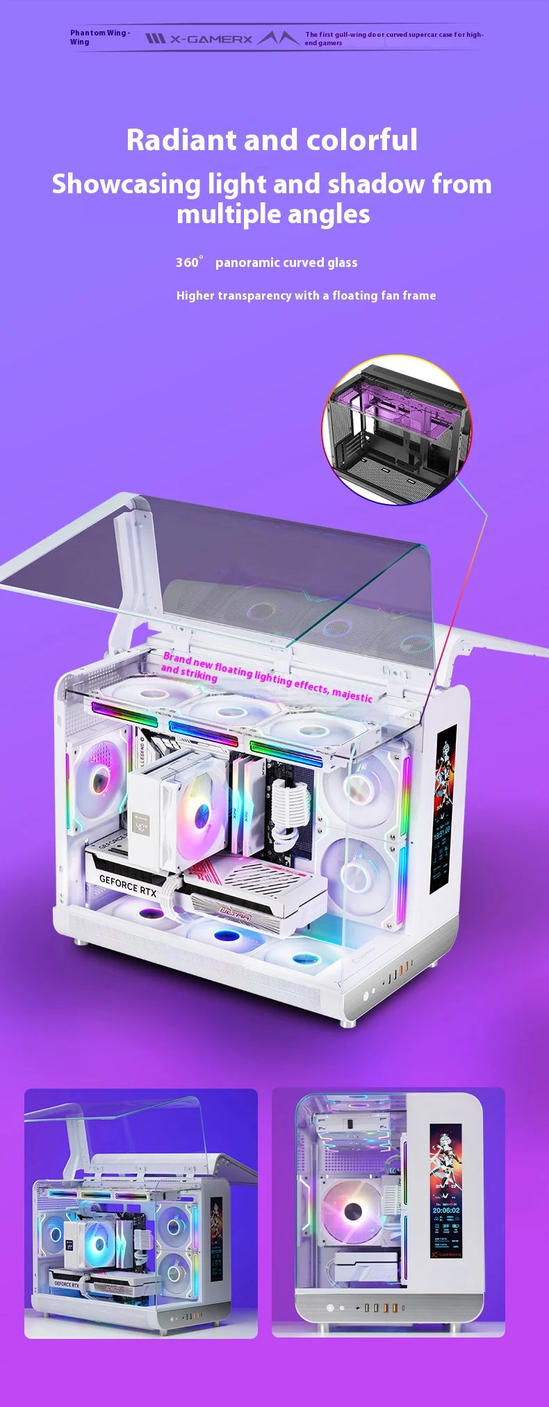X-GAMERX Phantom Wings LCD Edition Black Seaview Room Case 360 Water-cooling Host