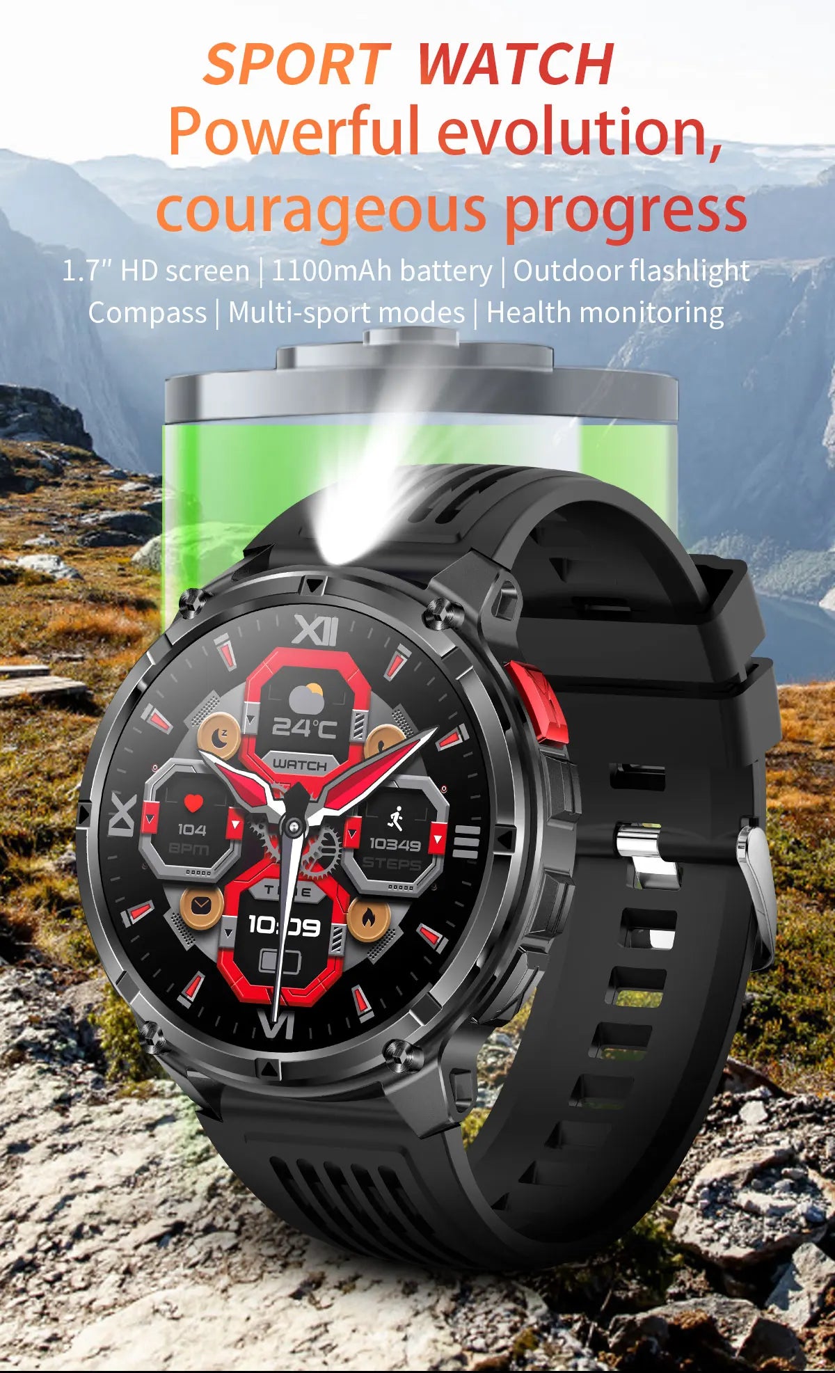 Waterproof GPS Compass Flashlight 1.7" AMOLED HD Call Sports Smart Watch