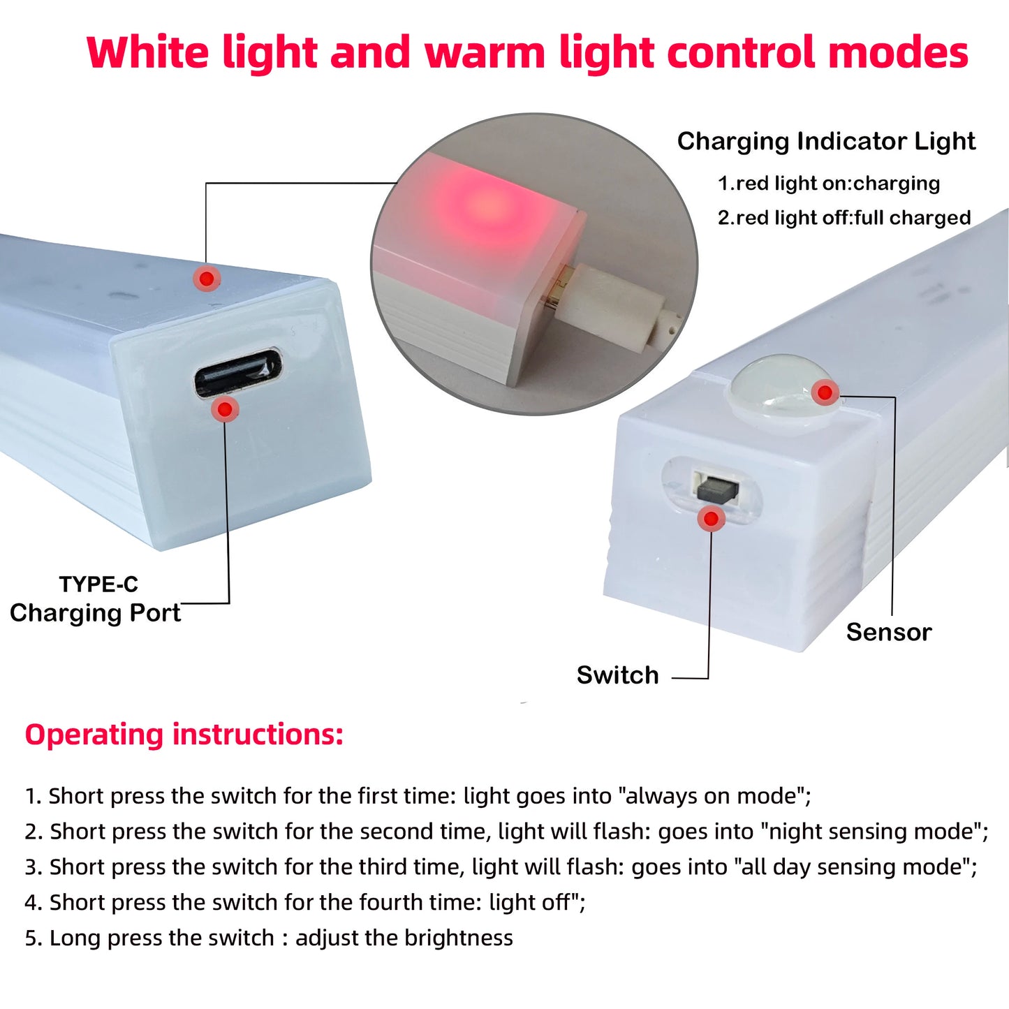 Motion Sensor Lamp Night Light Wireless LED USB Type C Rechargeable Lamp