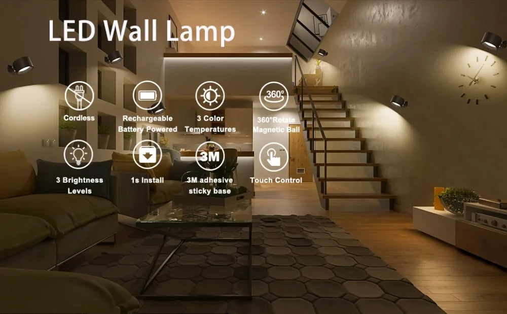 LED Wall Mounted Lights with Remote Wireless Magnetic Wall Sconces 3 Color