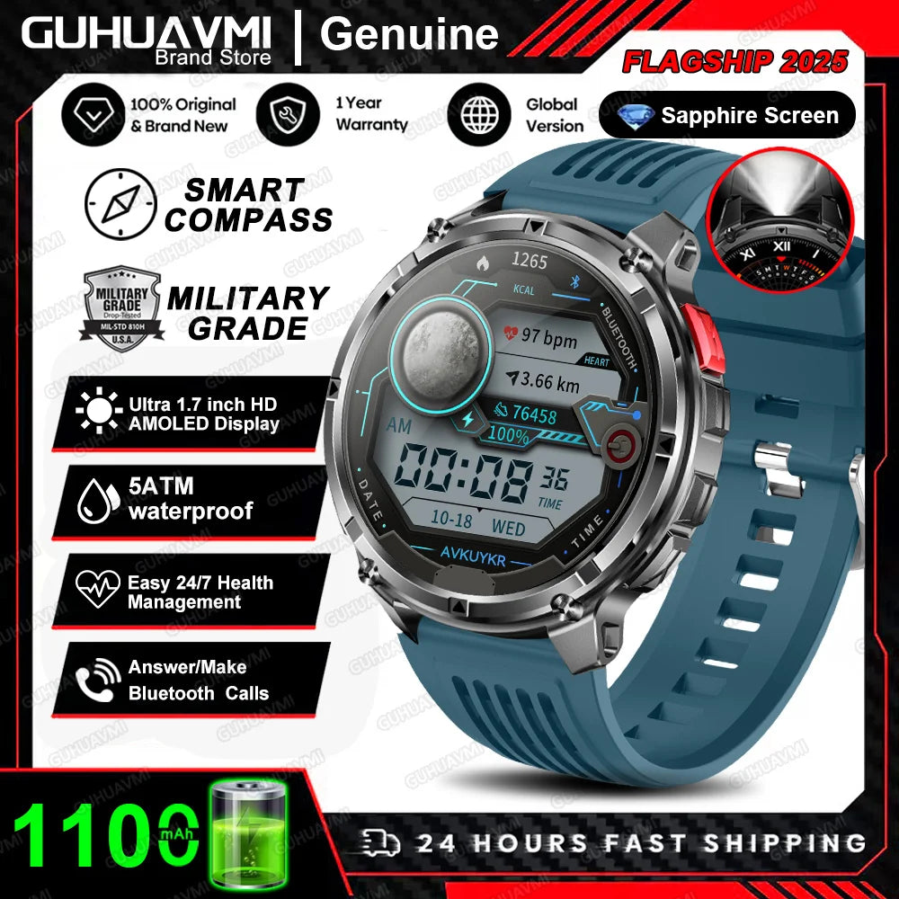 Waterproof GPS Compass Flashlight 1.7" AMOLED HD Call Sports Smart Watch