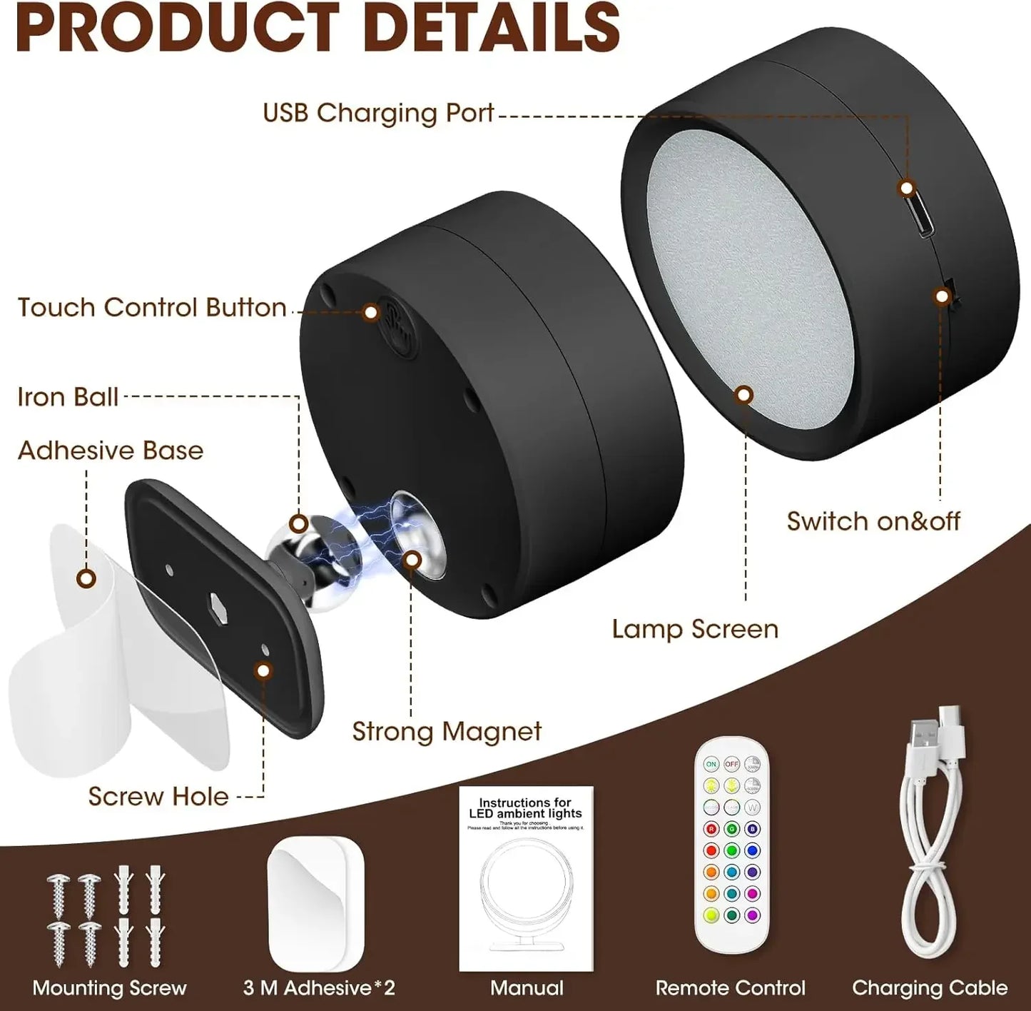 LED Wall Mounted Lights with Remote Wireless Magnetic Wall Sconces 3 Color