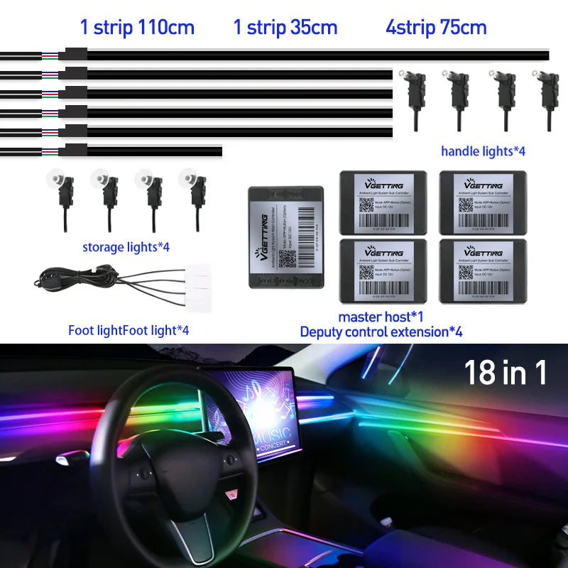 Full Color Streamer Car Ambient Lights RGB 64 Color Universal LED