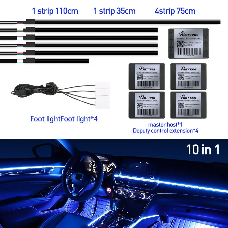 Full Color Streamer Car Ambient Lights RGB 64 Color Universal LED