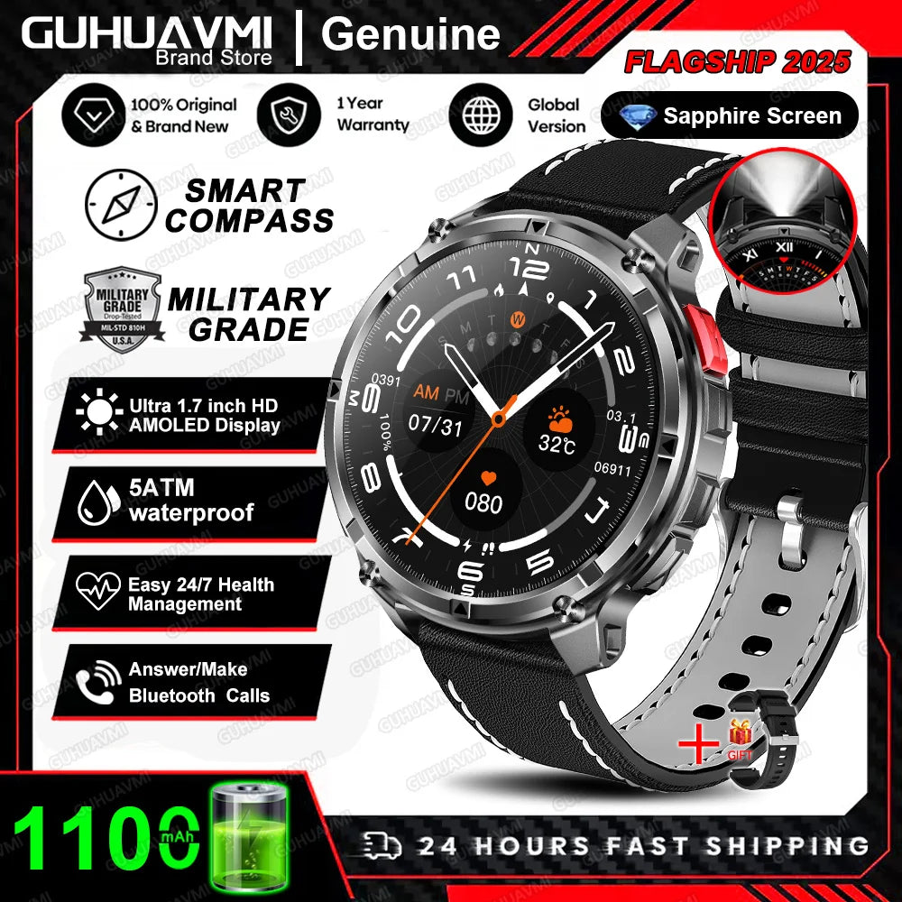 Waterproof GPS Compass Flashlight 1.7" AMOLED HD Call Sports Smart Watch