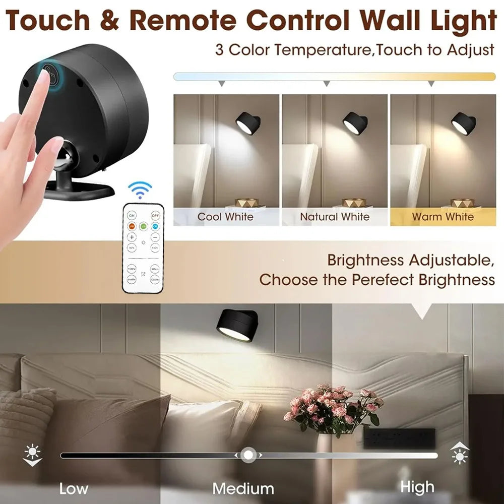 LED Wall Mounted Lights with Remote Wireless Magnetic Wall Sconces 3 Color